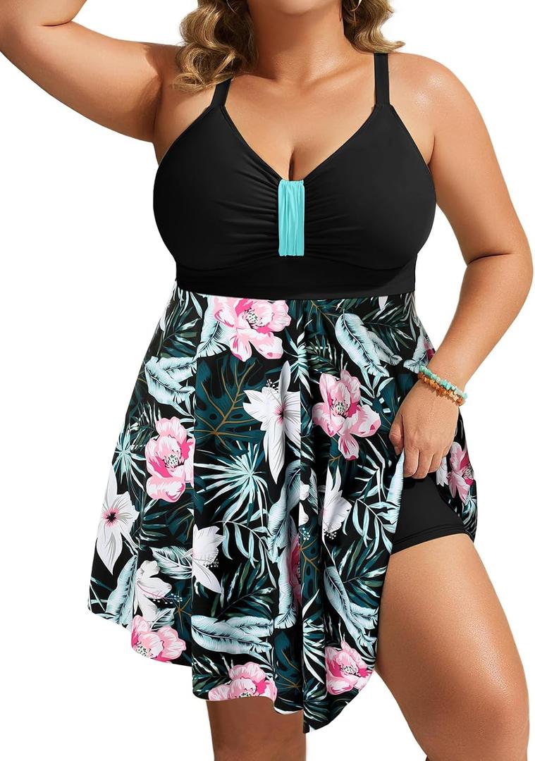 Hanna Nikole Women's Plus Size Swim Dress - One Piece Swimsuits Tummy Control Bathing Suit Swimwear 2025 White＆Pink Floral 2X