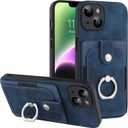 Case for iPhone 14 Wallet Case with Card Holder 360 Rotation Finger Ring Holder Stand, PU Leather Case Shockproof Protection Phone Case for Men WomenDark Blue