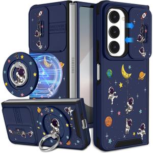 Buleens for Samsung Galaxy Z Fold 6 Case - with Ring Stand & Camera Cover Aesthetic Cute Designed for Women Girls Girly Cartoon Astronaut Cool Phone Case for Galaxy Z Fold 6 Compatible with Magsafe