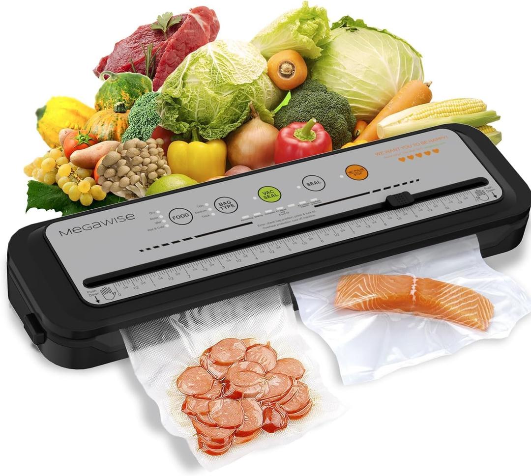 MEGAWISE 2025 Powerful Vacuum Sealer Machine | Compact Design | One-Touch Automatic | Seal in 10-20 Seconds | Dry, Moist, Wet, and Cold Modes | With 10 Vacuum Bags & Built-in Cutter (Grey) (16.14 x 5.59 x 4.02 inches)