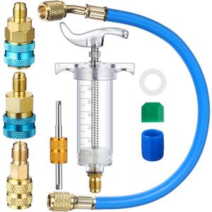 Tellegloww Oil and Dye Injector Kit 1/4 SAE with SAE R134a Oil Injector R1234yf Low Side Quick Coupler R410a Split Adapter Compatible with R134A R22 R12 R1234YF, Hand Push Compressor Manual 1oz/30ml