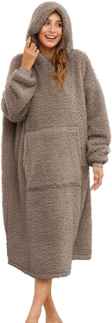 Sherpa Wearable Blanket Oversized Hoodie Sweatshirt TV Blanket with Long Sleeves and Pocket (CoolBrown, One Size)