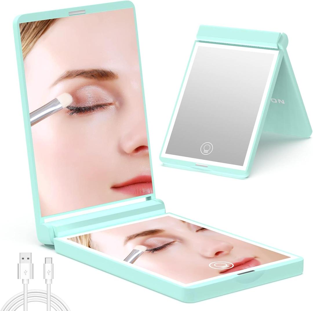 WOBSION Lighted Compact Mirror, Rechargeable Travel Makeup Mirror with Light,1x/3x Magnifying,300Flip Folding Portable Mirror,Dimmable,Gifts for Girls (Cyan)