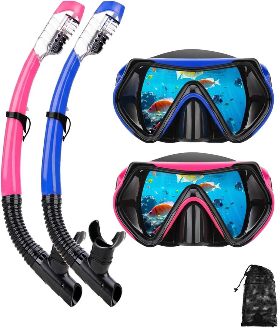 Snorkeling Gear for Adults, Dry Snorkel Mask Set, Scuba Diving Snorkle mask Set Adult, Panoramic Wide View Anti-Fog Dive mask, Swimming Diving Snorkeling Packages (Blue+pink2 set)