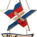 Lineshading 4th of July Door Decorations Patriotic Welcome Wreath for Front Door 250th Anniversary Hanging Sign Wooden Red White Blue Star Sign with Bow for Memorial Day Home Wall Indoor Porch Window