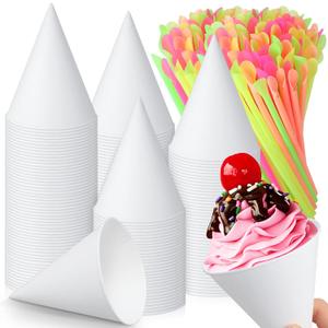 Eaasty 200 Pcs Snow Cone and Straws Cone Cups 4.5 oz Spoon Straws Disposable Paper Cups Straw Spoon for Slush Shaved Ice Cream Sorbet Water (White)