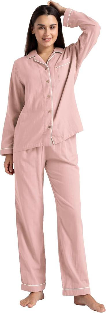 Womens Pajama Set 100% Double Gauze Cotton Linen Like Super Soft Comfy Lightweight Button Down Sleepwear (X-Large, Long Sleeve, Dusty Rose Pink)