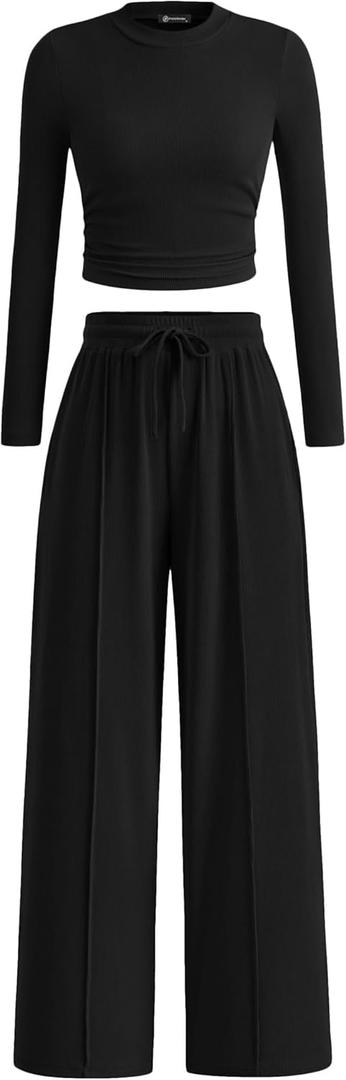 PRETTYGARDEN Women's 2 Piece Sets 2026 Fall Long Sleeve Crop Tops Wide Leg Pants Matching Outfit Tracksuits Spring Clothes (X-Large, Black)