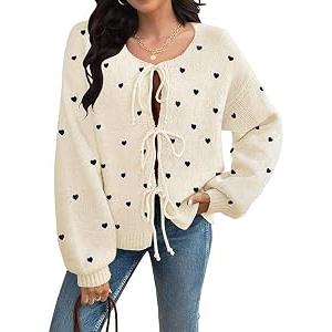 kipfall Womens Bow Tie Front Cardigan Sweaters Long Puff Sleeve Cute Print Jacket Coats 2025 Trendy Fall Winter Outfits, Large
