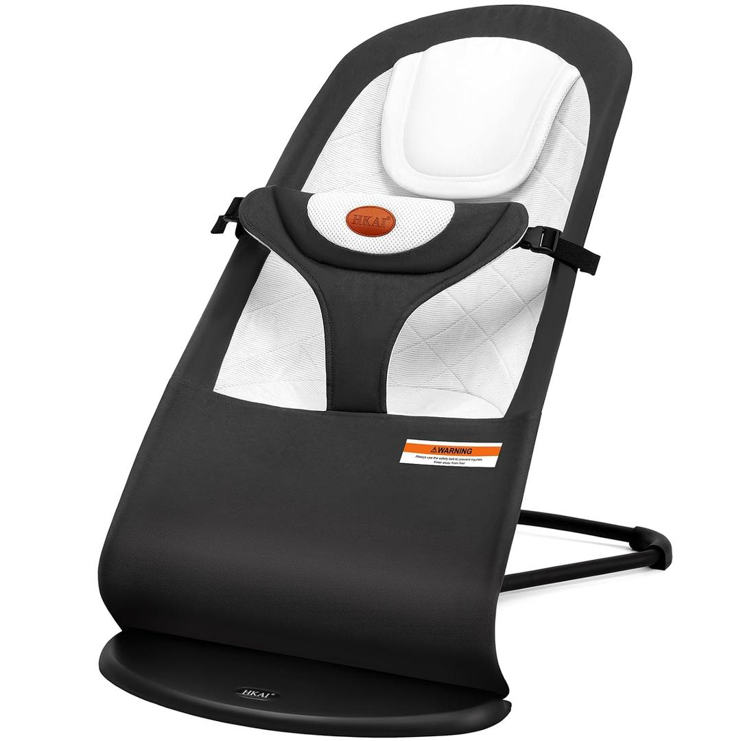 HKAI Baby Bouncer Seat for Babies 0-12 Months, Portable Infant Rocker Chair with Built-in Headrest Area, Soft Breathable Fabric, 3-Position Adjustable Backrest, Safety Harness (EXP 07/08/33)