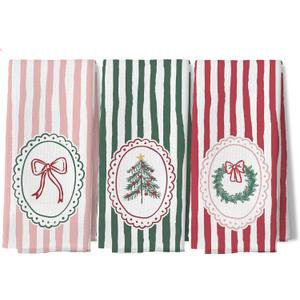 Pink and Green Striped Christmas Kitchen Dish Tea Towels, Coquette Pink Bow Wreath Xmas Tree Decorative Hand Towels for Bathroom Kitchen, Christmas Bathroom Decor, 16x24 Inch Set of 3 (Color-5)