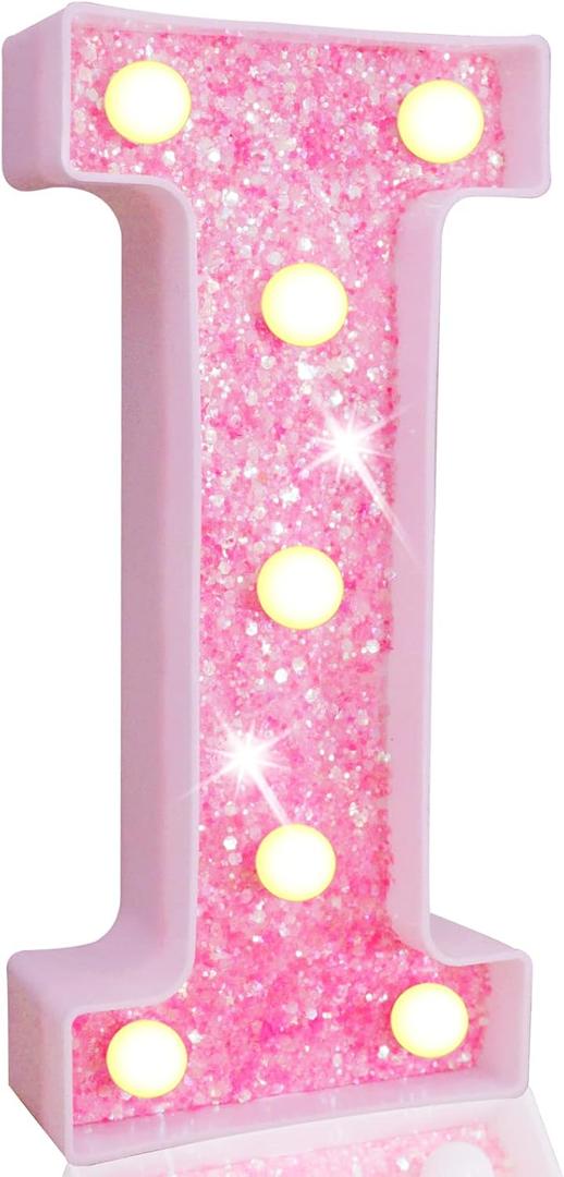 Pooqla LED Marquee Letter Lights, Light Up Pink Letters Glitter Alphabet Letter Sign Battery Powered for Night Light Birthday Party Wedding Girls Gifts Home Bar Christmas Decoration, Pink I (8.86"*4.13"*1.77")