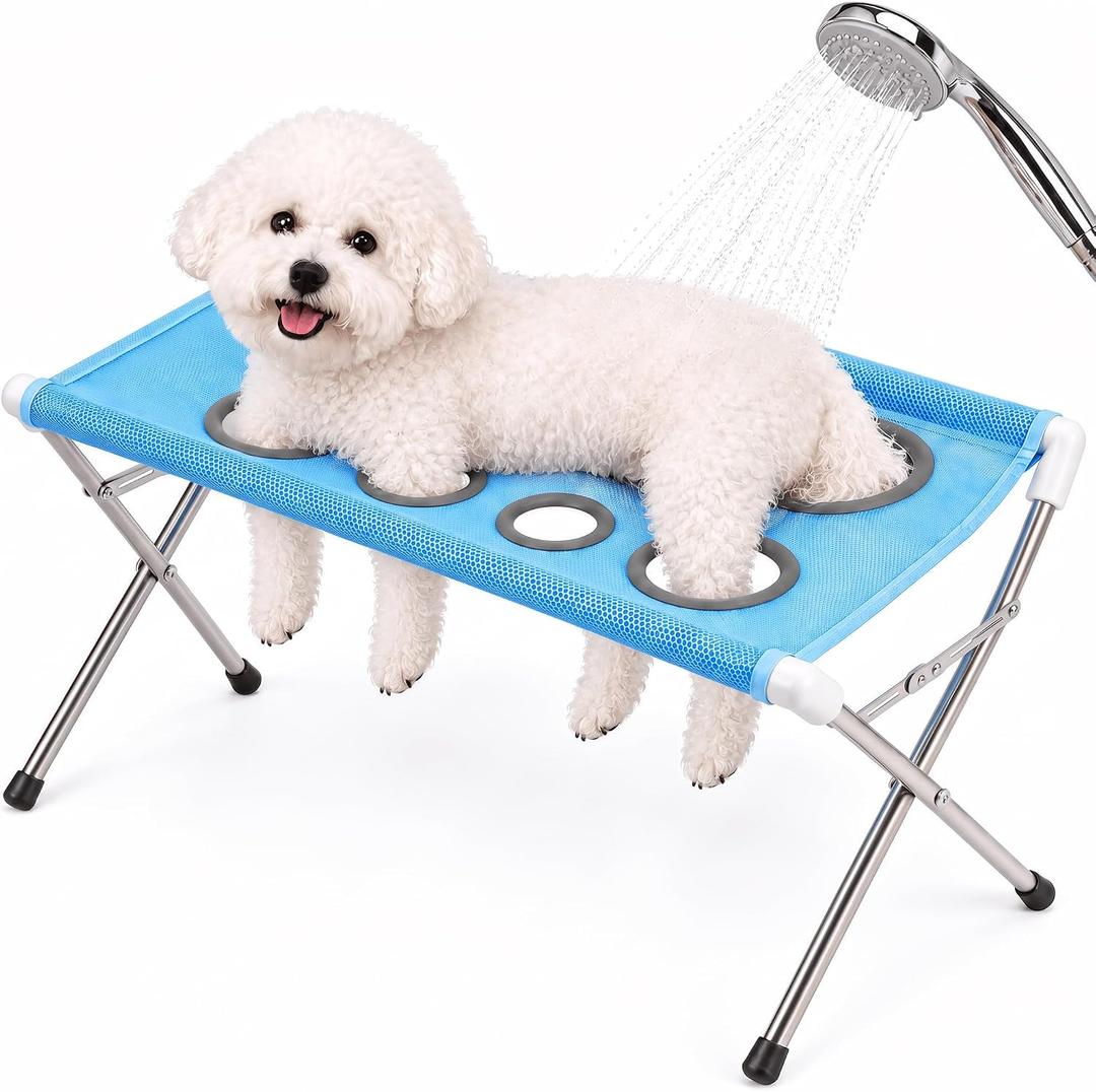 Dog Grooming Hammock Stand, Foldable 8-Hole Mesh Pet Bath Sling, Blue