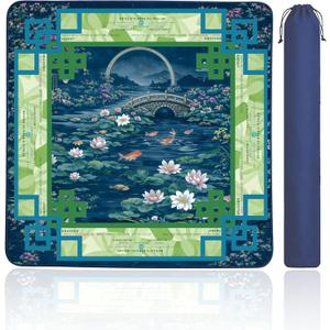 American Mahjong Mat with Rules, 33 x 33 Inch Chinoiserie Koi Pond Mahjong Table Cover, Non-Slip Rubber Game Mat with Carrying Bag
