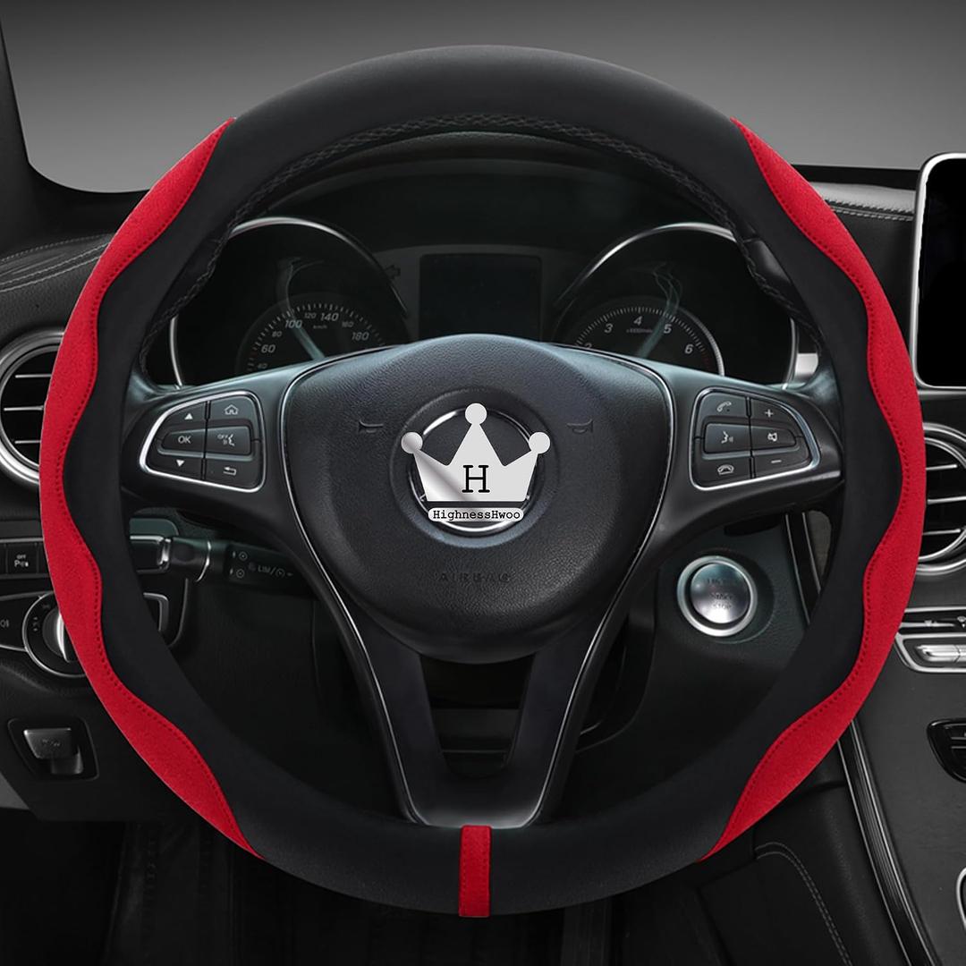 HighnessHwoo Luxury Suede Steering Wheel Cover for Cars, Soft Leather Padded Wheels Cover for Sedan, SUV, Thin Car Handle Cover, Universal Fit, Anti Slip, 14.75-15.15in, Red