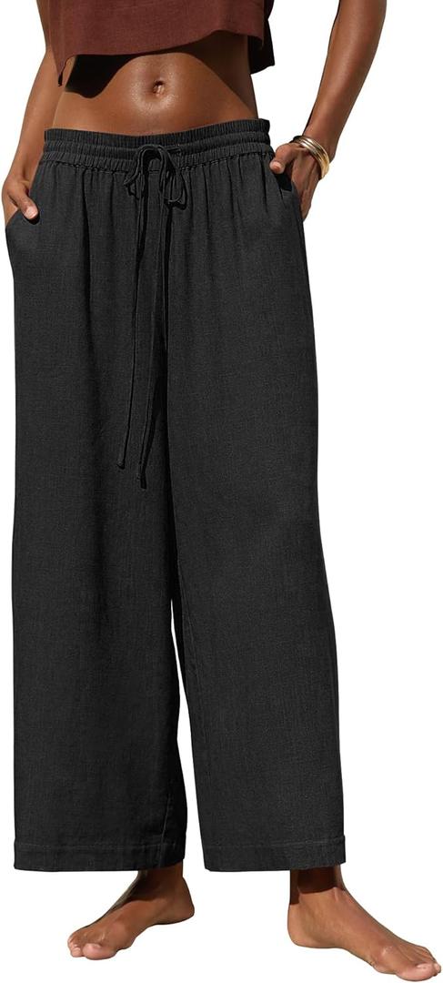 Women's High Waist Wide Leg Linen Blend Ankle Pants, Relaxed Cropped Trousers with Side Pockets, Fit for Casual Wear (Black, M)