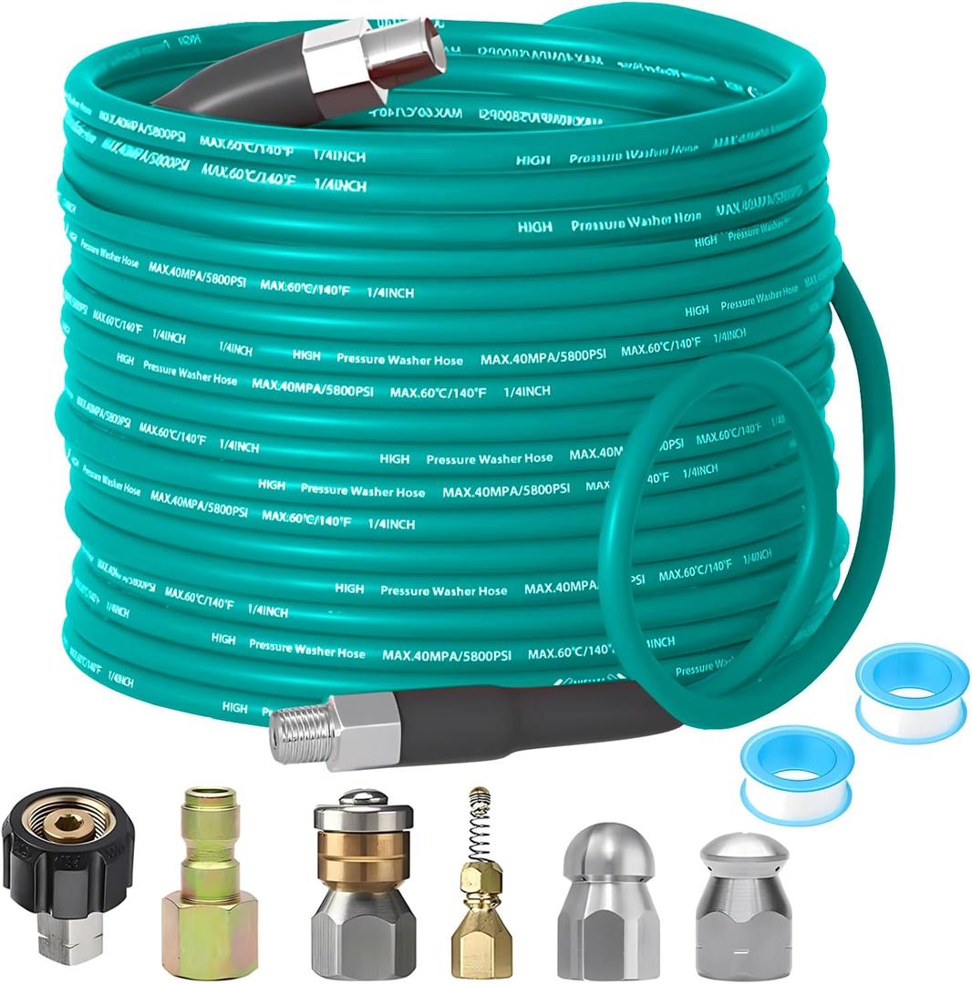 Selkie Pressure Washer Sewer Jetter Kit - 100Ft X1/4" Hydro Drain Jetter Cleaner Hose, Corner, Rotating and Button Nose Sewer Jetting Nozzle Waterproof Tape,Orifice 4.0 4.5,1/4 Inch NPT,5800 PSI