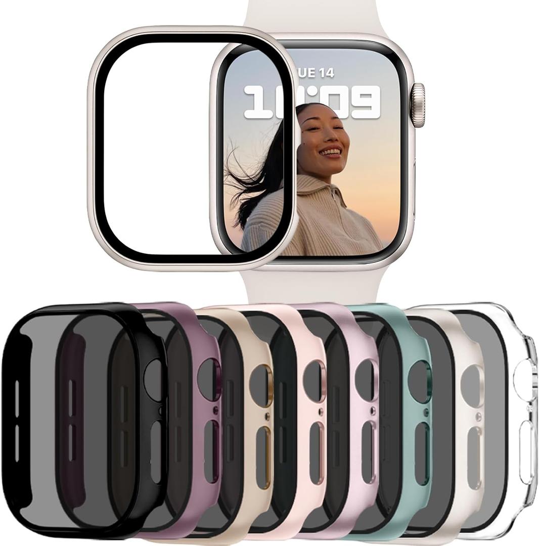 Adorve 8 Pack Privacy Case for Apple Watch Screen Protector 41mm Series 9/8/7, Full Protective Scratch Resistant Face Cover, Anti-Spy Ultra-Thin Bumper Case for iWatch 41 mm Accessories (Blk/Clr/Pnk/Starlt/RosePnk/PineGrn/MilkTea/SmkVlt)