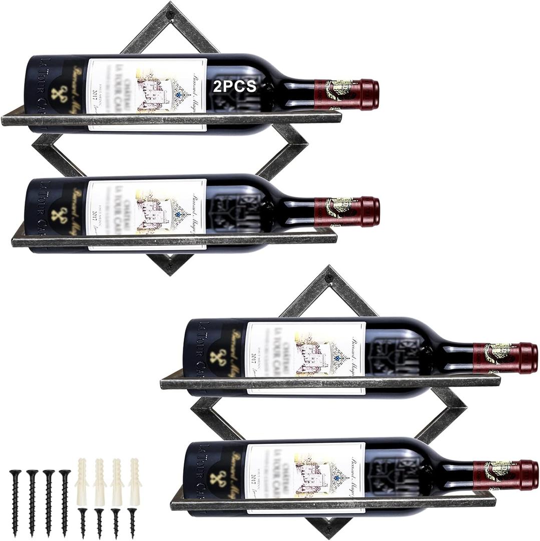 AUHOKY 2Pcs Metal Wall Mounted Wine Holder Stemware Glass Rack, Collapsible Hanging Red Wine Racks Organizer with 2 Liquor Bottles, Wine Bottle Display Hanger for Home Kitchen Bar Decor (Silver Bb)