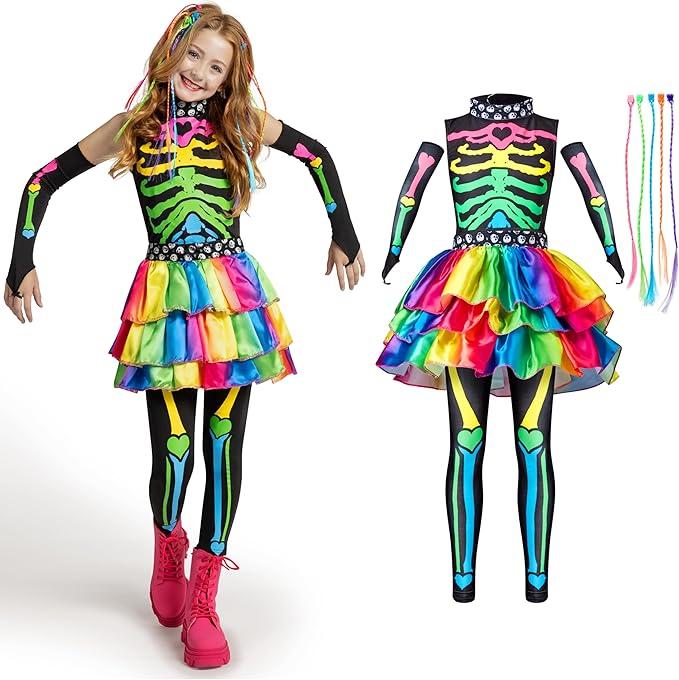 Spooktacular Creations Halloween Kids Skeleton Costume, Funky Punky Bone Skeleton Deluxe Costume, Halloween Girls Outfit, S