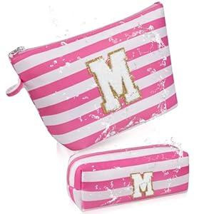 Initial Makeup Bag Personalized Stripe Cosmetic Bag Cute Waterproof Travel Toiletry Bag Birthday Gifts for 10 11 12 13 14 15 16 Years Old Teen Girl Gift Trendy Stuff (Pink M)