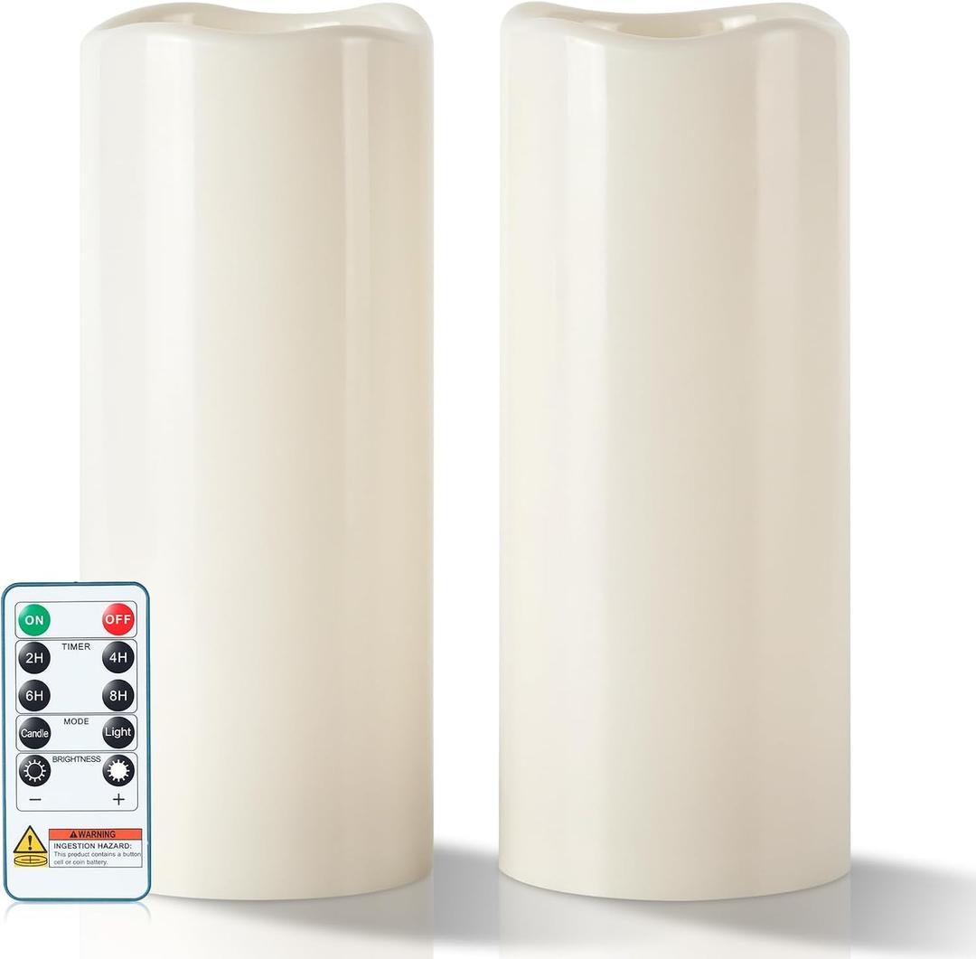 5plots 4"×10" Large Outdoor Waterproof Flameless Candles Ivory White with Timer & Remote, Battery Operated LED Flickering Pillar Candles for Patio Porch Halloween Christmas Lantern, Set of 2