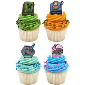 DecoPac Minecraft Lush Finds Rings, Cupcake Decorations Featuring Creeper, Alex, Steve and Axolotl! Multicolored 3D Food Safe Cake Toppers 14 Pack
