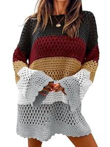 Langwyqu Womens Summer Crochet Swimsuit Coverup Long Sleeve Crewneck Color Block Bathing Suit Swimwear Cover Ups Beach Dress (BLack- L)