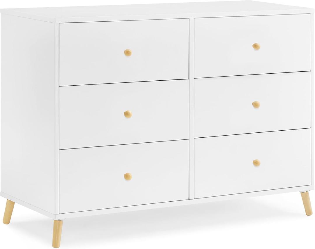 Delta Children Essex 6 Drawer Dresser, Bianca White/Natural, 1 Count, Size Assembled dimensions: 47.5"W x 19.75"D x 33.75"H | Interior Drawer Size: 20.75"W x 13.50"D x 4.75"H | Easy assembly