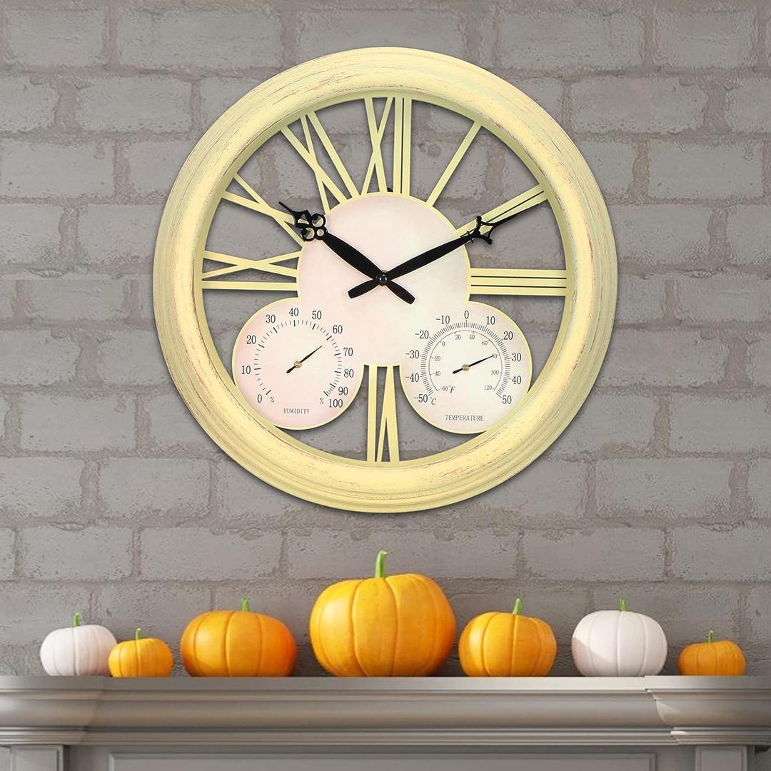 MUMTOP Outdoor Clock, Large Wall Clock with Thermometer and Hygrometer Combo, 15-inch Quartz Round Clock for Terrace Home Decor