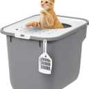 IRIS USA Cat Litter Box, Large Cat Box Enclosure, Top Entry with Litter Catching Lid, Enclosed with Scoop, Gray/White
