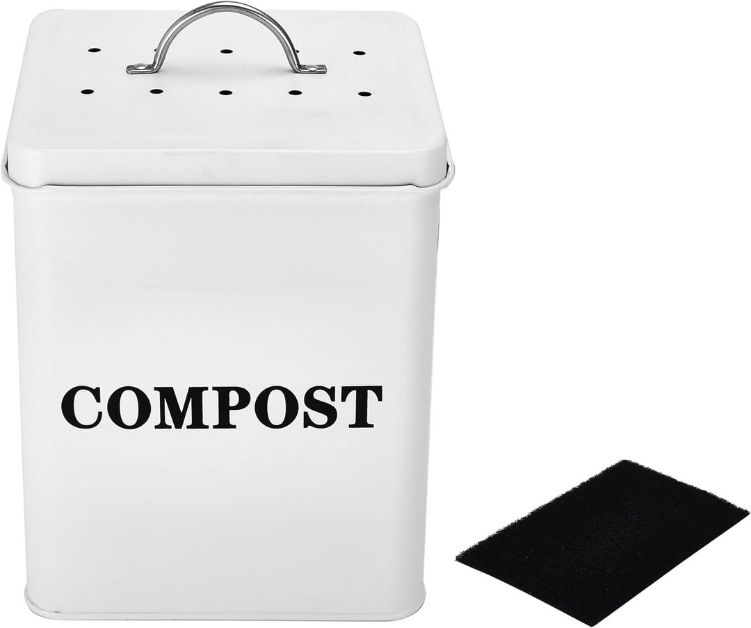 Window Garden Kitchen Compost Bin - Metal Pail for Composting Kitchen Scraps - Small Indoor Compost Bucket with Carbon Filter Lid - Food Scrap Container for Countertop - 9.1x7.1x6.3 inches (White)
