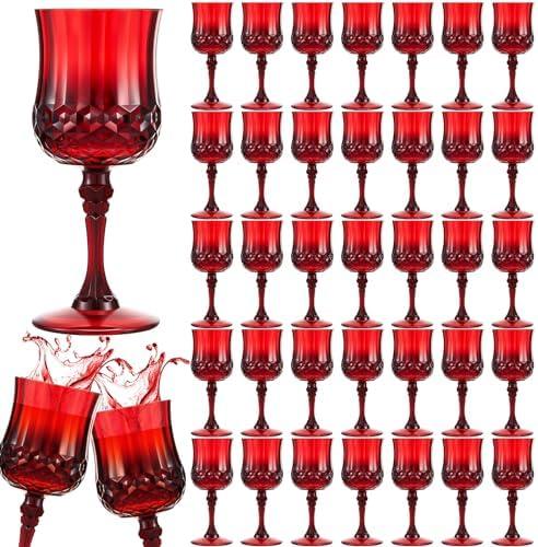 Pinkunn 50 Pcs 7 OZ Plastic Vintage Wine Glasses Reusable Colored Goblets Patterned Drinking Glasses Cup Dishwasher Safe for Wedding Reception Party Supplies (Red)