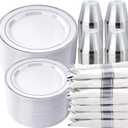 realluck 350 PCS White and Silver Plastic Dinnerware Set for 50 Guests, 100 Disposable Plates for Party, 50 Pre Rolled Napkins with Silver Silverware, 50 Cups
