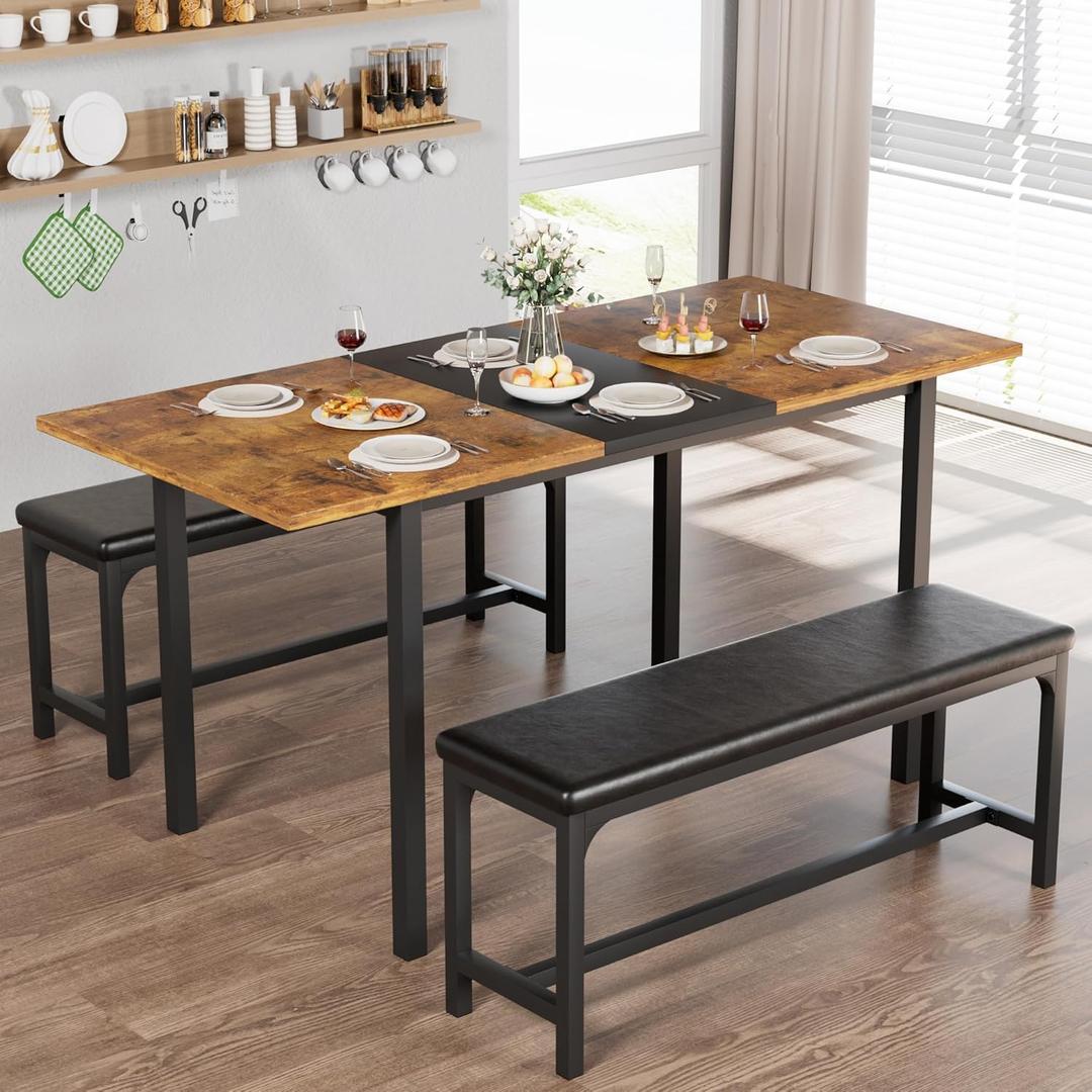 VECELO 3-Piece 63" Extendable Kitchen Table with Benches/Chairs, Modern Breakfast Dinette/Dining Room Set for 4/6/2, Small Space Saving Design, Easy Assembly (Retro)