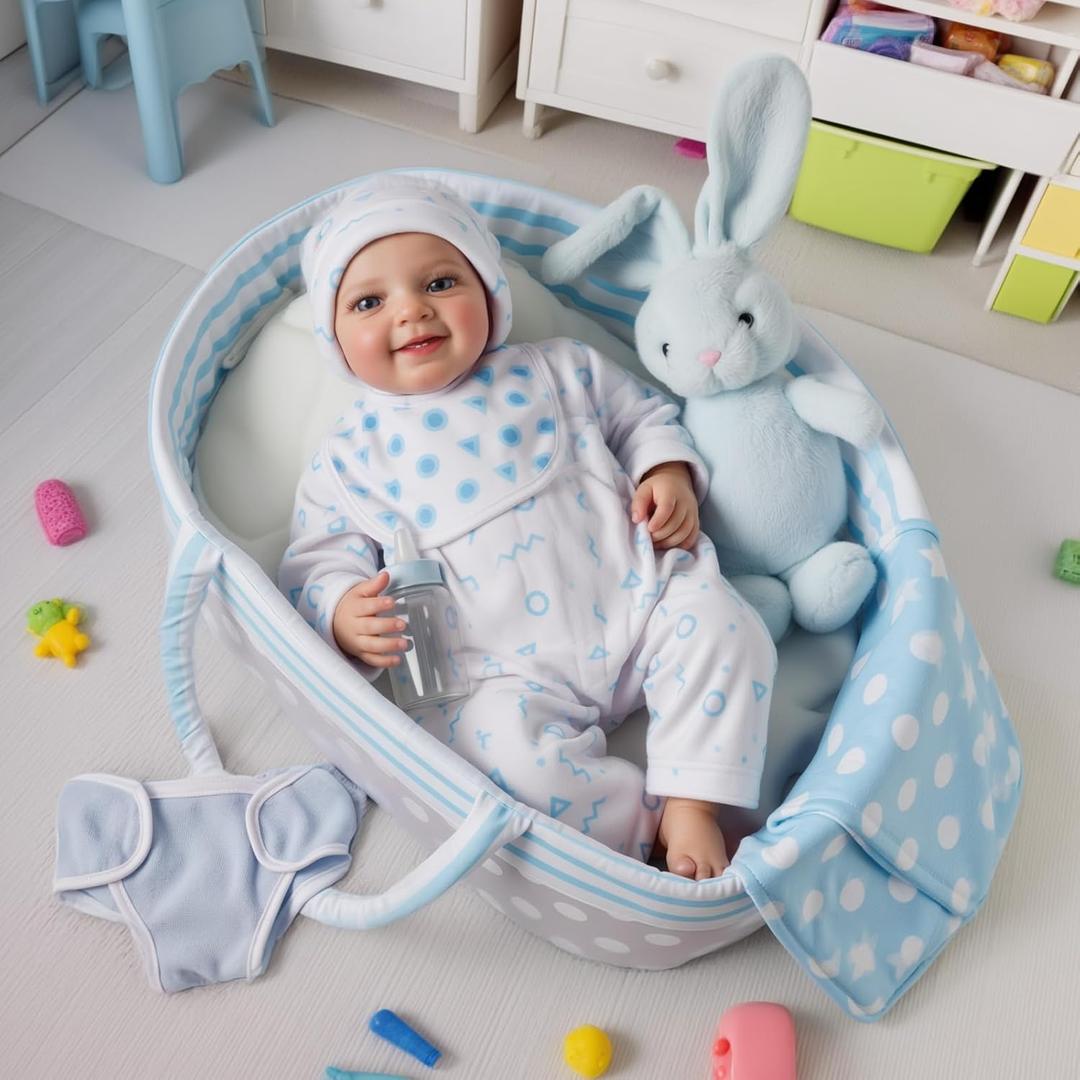 BABESIDE 8 Pcs Reborn Baby Doll Accessories with Bassinet for 17-22 Inch Baby Dolls, Babies Doll Clothes Outfit Accessories fit Reborn Doll Newborn Boy (Not Doll)