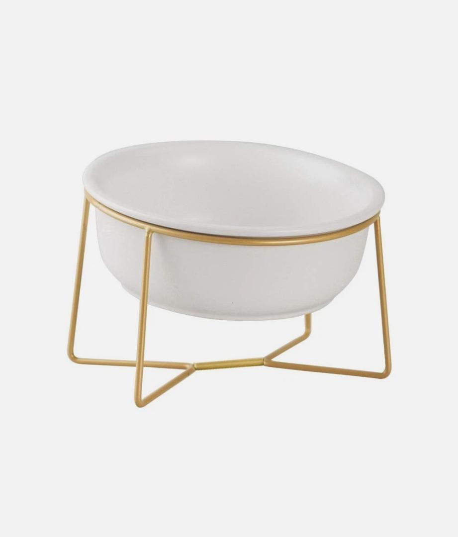 White Large Ceramic Tilted Elevated Cat Dog Bowl Raised Cat Food Water Bowl