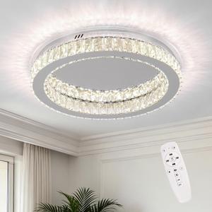 Dimmable Crystal LED Ceiling Light, 19.7" Modern Crystals Chandeliers Ceiling Lights with Remote, Adjustable Chandelier Lighting Fixtures Ceiling Mount for Dining Room Living Room Kitchen