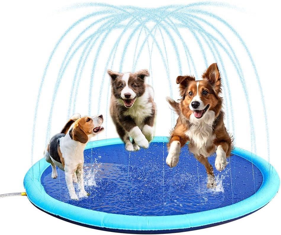 Non Slip Dog Splash Pad, 75 in Durable Splash Pad for Dogs, Heavy Duty Outdoor Water Play Mat for Large/Small Pets Foldable Design, Leak Proof Easy Setup