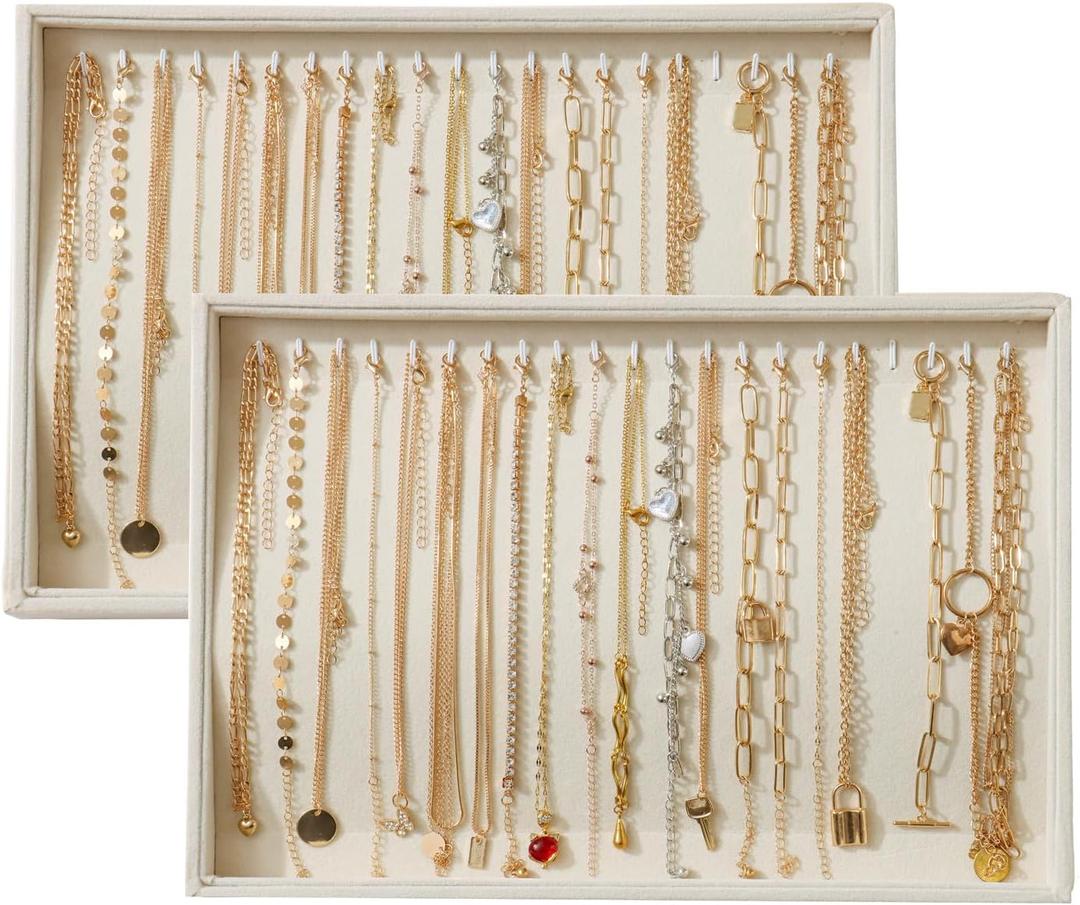 Large Velvet Jewelry Tray 2 Pack Stackable Jewelry Display Drawer Inserts Trays Organizer for Earring Bracelet Necklace Ring (Beige, 20 Hooks)
