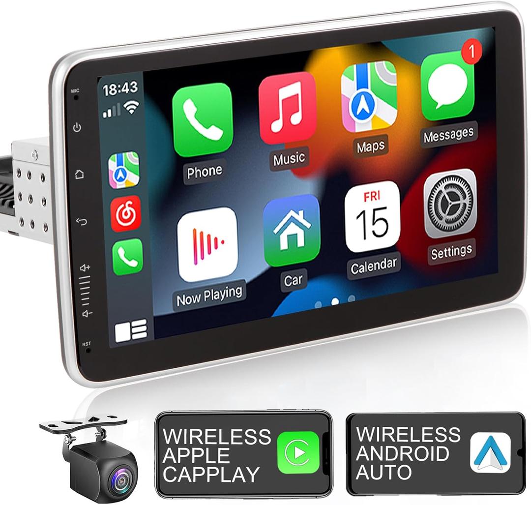 Single Din Touchscreen Car Radio Wireless Carplay & Wireless Android Auto,10.1 Inch Adjustable Android Car Stereo with AHD Backup Camera,GPS Navigation,WiFi,Bluetooth AM/FM SWC