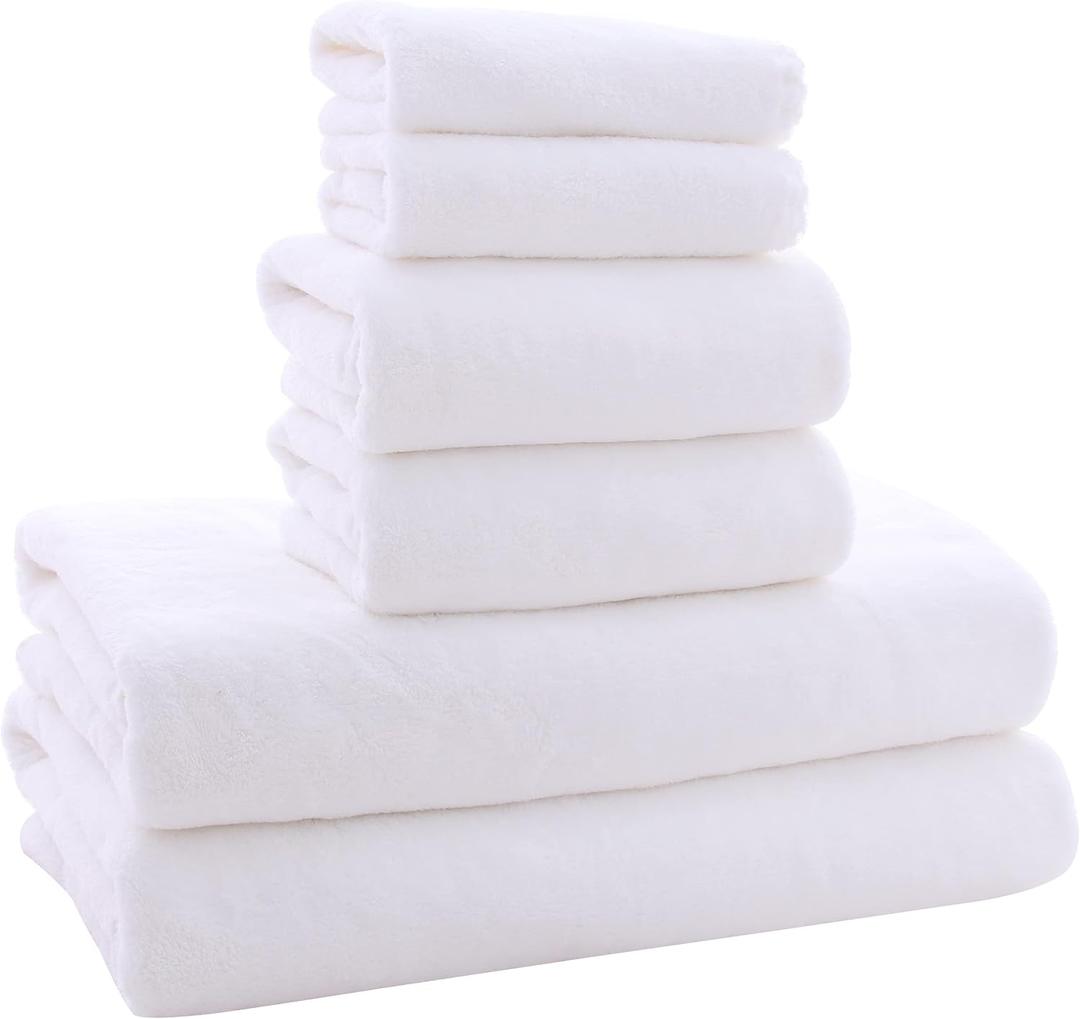 MOONQUEEN Ultra Soft Towel Set - Quick Drying - 2 Bath Towels 2 Hand Towels 2 Washcloths - Microfiber Coral Velvet Highly Absorbent Towel for Bath Fitness, Sports, Yoga, Travel (White, 6 Pieces)