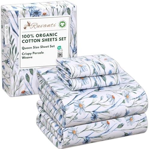 RUVANTI 100% Organic Cotton Sheets Queen Size, Percale Weave, GOTS Certified, 4-Piece Set, Deep Pocket 15", Crisp & Breathable, Soft Durable Bedding, Sábanas Algodón Orgánico – Daisy Bud