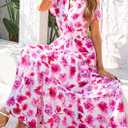 PRETTYGARDEN Women's 2026 Summer Boho Maxi Dresses Floral Short Sleeve V Neck A Line Tiered Flowy Long Beach Vacation Dress (White Pink Floral)