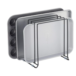 mDesign Pot Lid and Pan Rack — Metal Wire Rack for Cabinets, Pantries or Kitchen Surfaces — Freestanding Pan Stand with 5 Slots for Pans, Pots, Lids and Crockery — Black