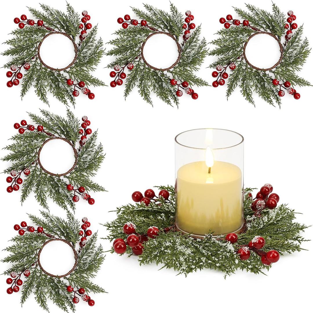6 Pcs Christmas Candle Rings, 3.7 Inch Center Xmas Artificial Candle Rings Wreath Cedar Berries Snowy Pine Needles, Candles Rings Holder for Table Centerpiece Winter Home Party Kitchen Window