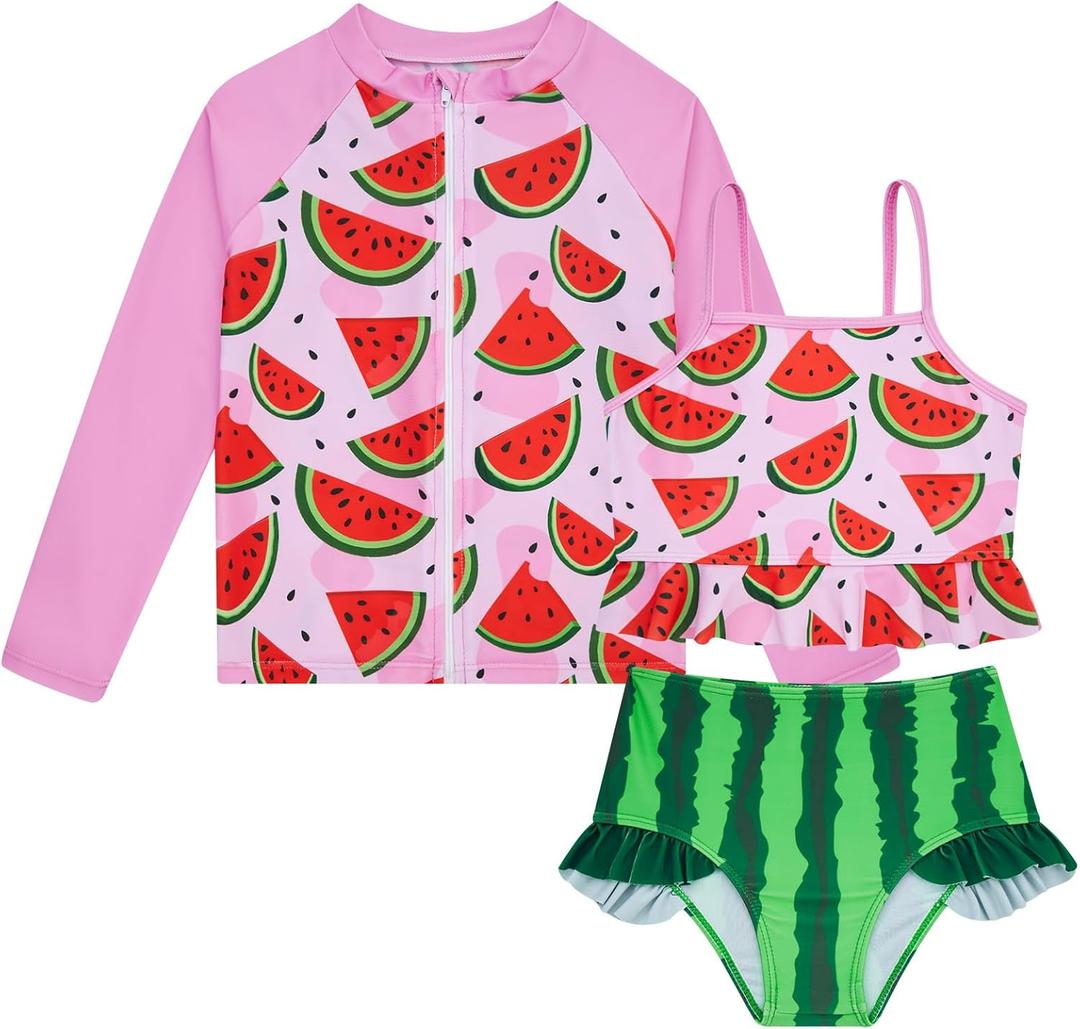 Funnycokid Girls Swimsuit Kids Bathing Suit Rashguard Swimwear Long Sleeve 3 Piece Toddler 3-7 Years
