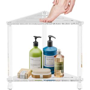 YUNEASELF Corner Shower Stool 16in: Waterproof Small Foot Rest with Anti-Slip Feet for Shaving Legs - Acrylic Corner Shower Bench with Storage Shelf for Inside Spaces