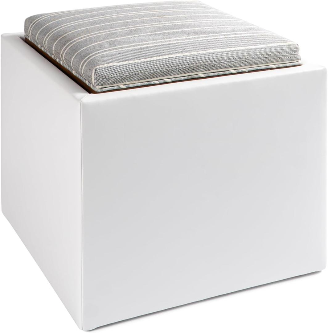 Hananu Homes White Teddy Storage Ottoman, 18.5" Cube with Tray, Comfy Foot Rest and Multi-Purpose Uses, Home Decor Space Saving Solution