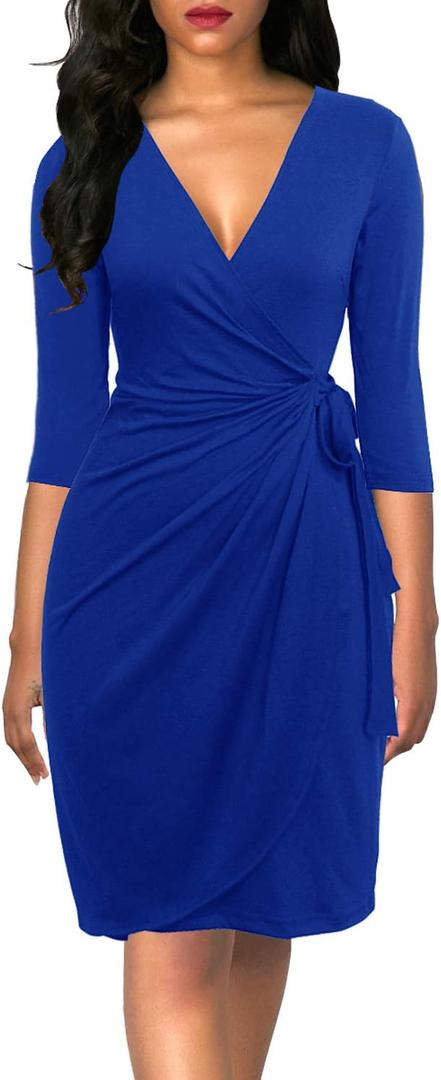 Berydress Women's Classic 3/4 Sleeve V Neck Sheath Casual Party Work Faux Black Wrap Dress (Blue, L)